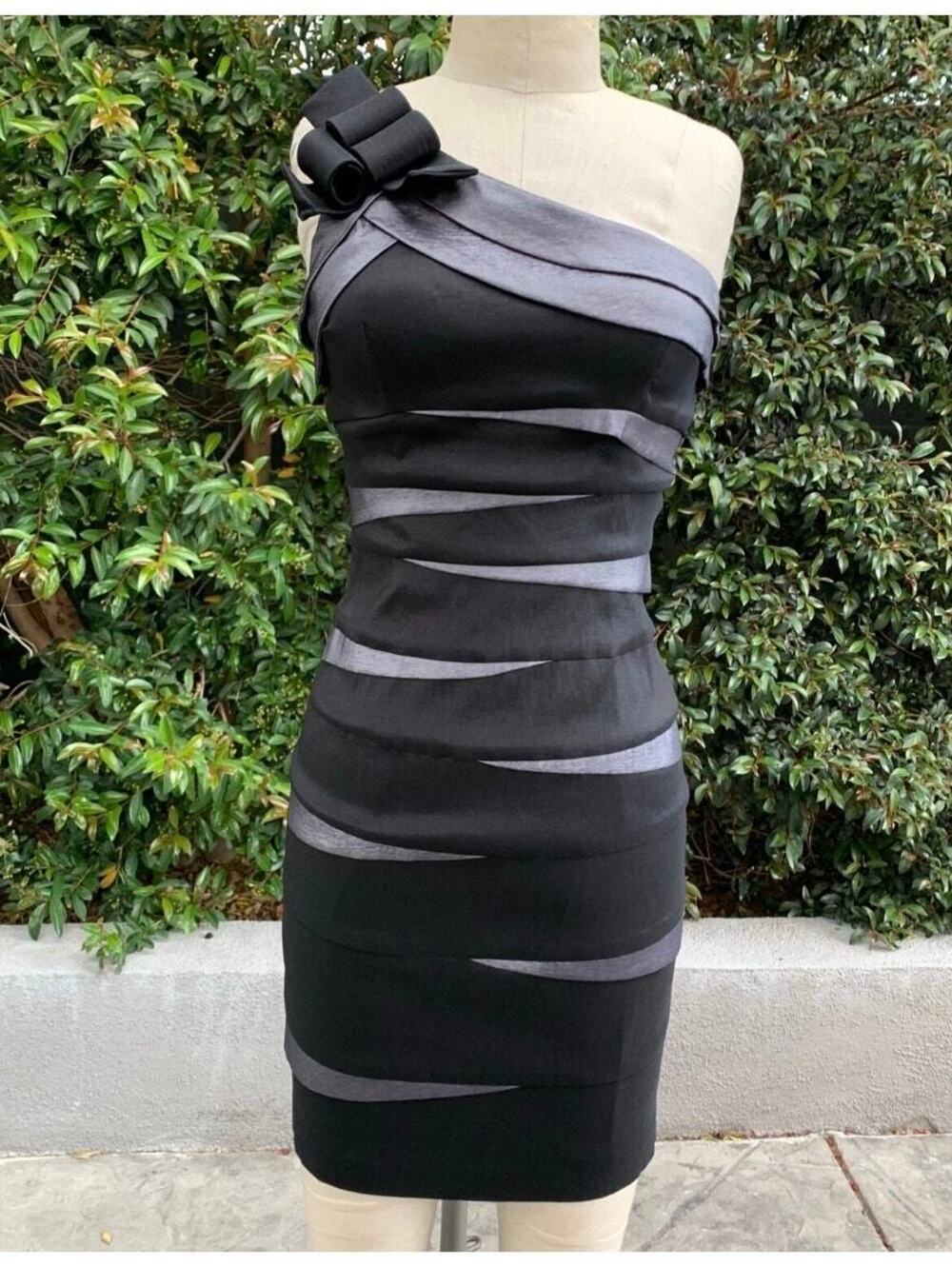 Betsy & Adam Taffeta One Shoulder Sheath Dress USA Made Black Gray Prom Formal 4